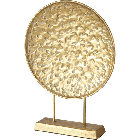 Modernist Table Top Sculpture, Abstract Round, Textured Disc, Gold, Patina, Post Mounted, Gallery Base, 23.5 Inches
