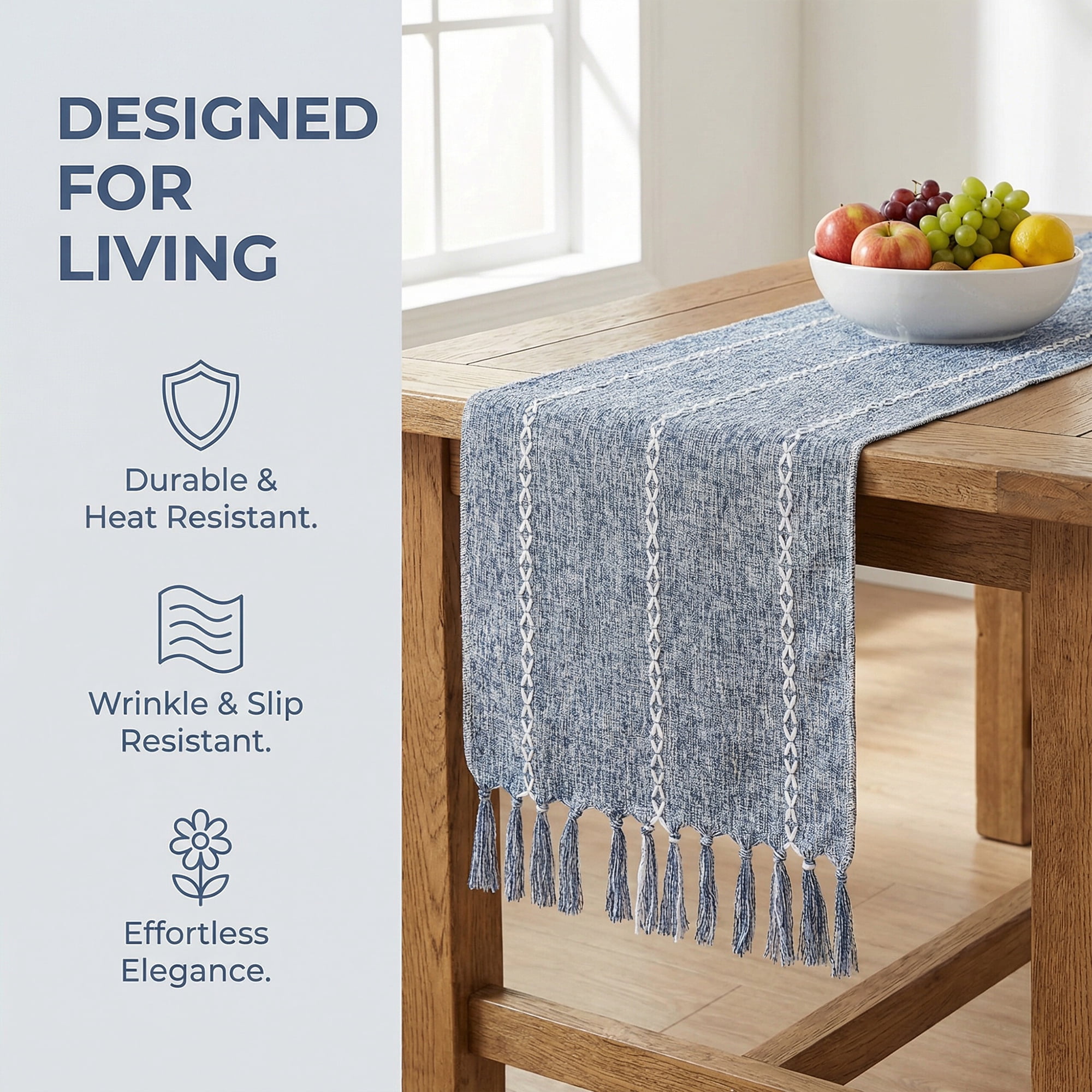 Unique Bargains Washable Polyester Kitchen Runner with Tassel for Dining Blue 13"x72"