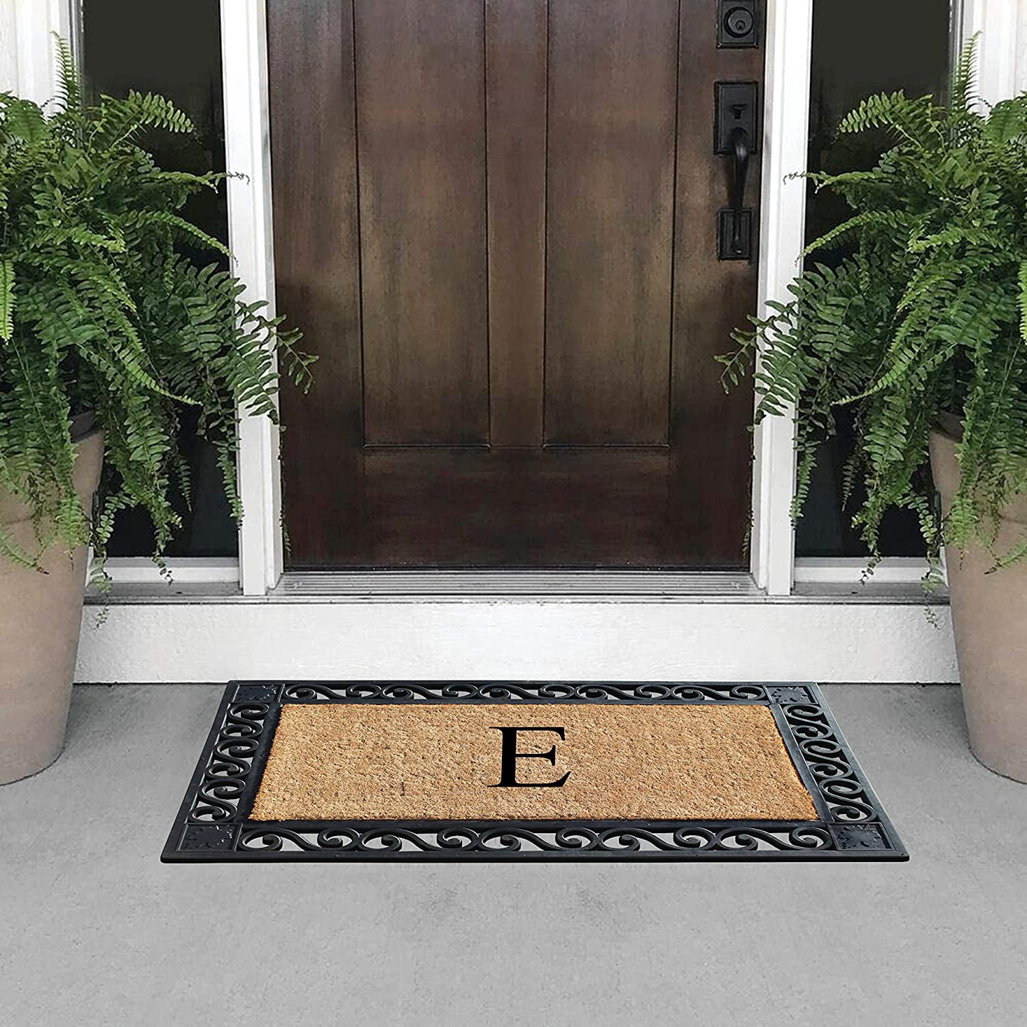 A1HC Natural Coir and Rubber Paisley border Monogrammed Doormat, Anti-Shed Treated Durable for Outdoor Entrance , 23"X38", Black