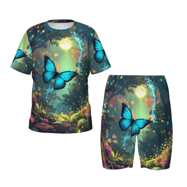 Fotbe Enchanted Forest Butterfly A Pijama Estampada de 2 Piezas para Niños – Ropa de Dormir de Manga Corta Cómoda para Niños y Niñas, Camiseta y Shorts de Algodón-3X-Large