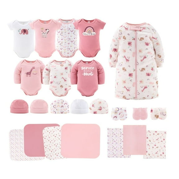 The Peanutshell Newborn Layette Gift Set for Baby Girls, 23 Essential Pieces, Pink Rainbow Safari Animals, 0-3 Months