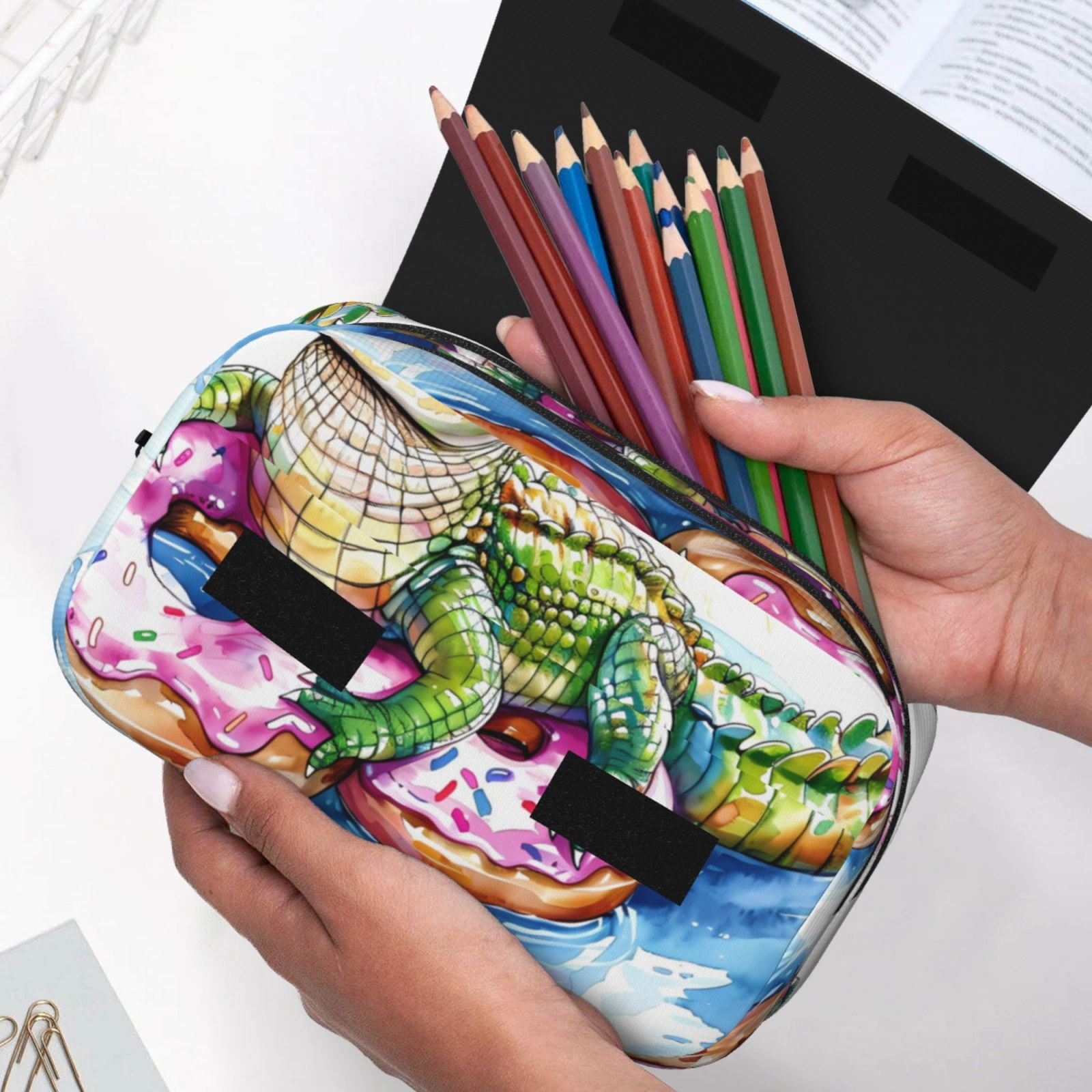 Rateoe Alligator Donut Pool Float Pattern Double Clamshell Pen Case, Storage Organizer with Two Zipper Compartments– Holds Up to 50 Pencils & Pens
