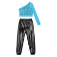 thumbnail image 4 of TiaoBug Kids Girls Sequins Hip Hop Jazz Ballet Dance Outfits One Shoulder Long Sleeve Crop Top with Metallic Pants Set Light Blue&Black 10, 4 of 7