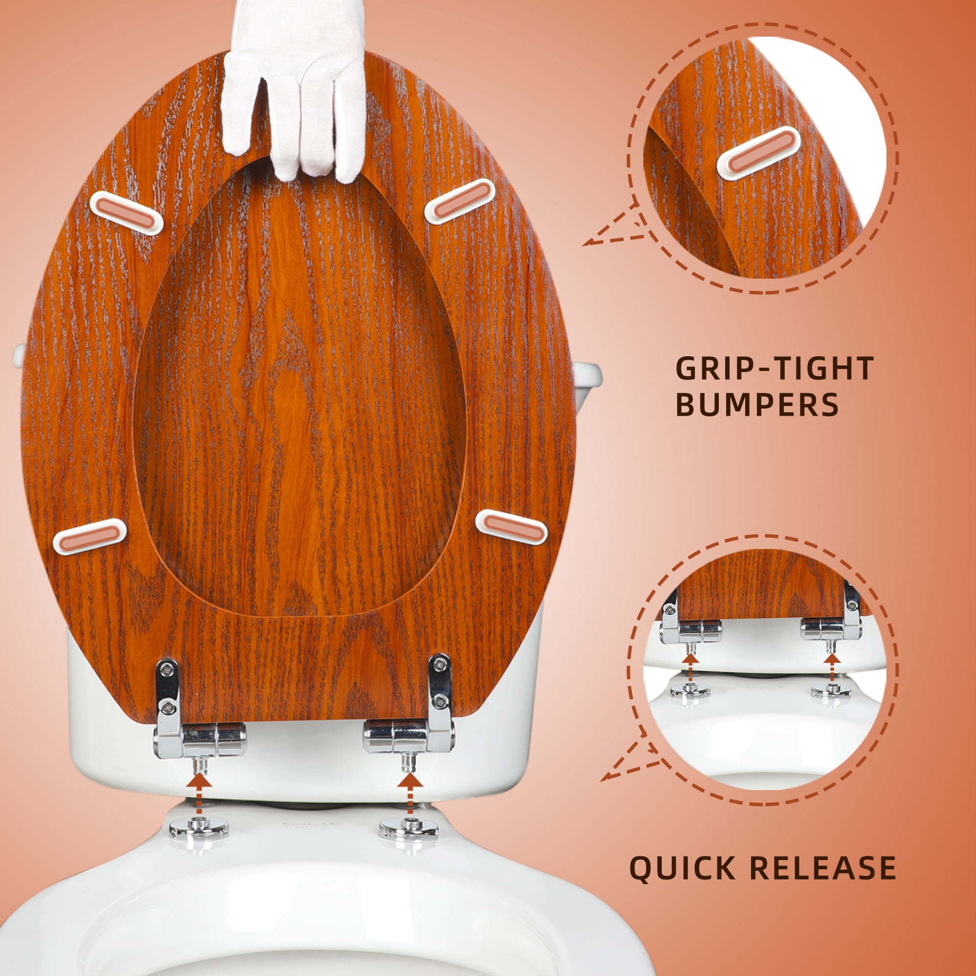 Elongated Toilet Seat Molded Wood Toilet Seat with Quietly Close and Quick Release Hinges, Easy to Install also Easy to Clean by Angol Shiold (Elongated, Brownish Yellow)