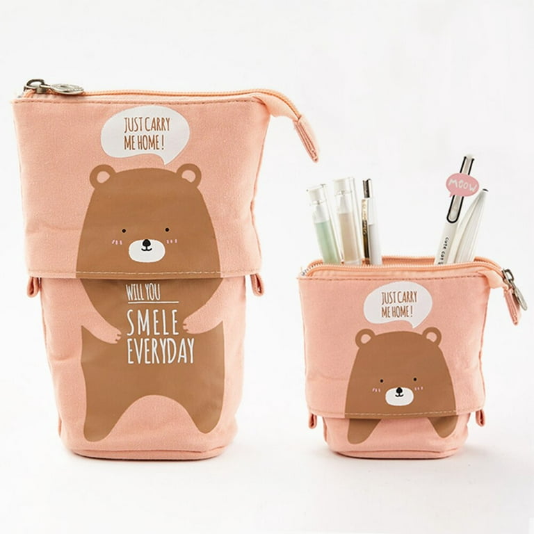 LZYoehin Cute Animal Retractable Pencil Case,Stand-up Pen Holder Bag,Pink  Bear 