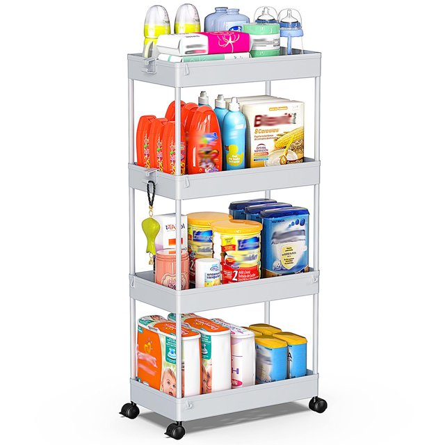 Carro Utilitario Rodante de 4 Niveles con Cajón, Carro Utilitario REBECAT Hecho de Herramienta Organizadora de Almacenamiento Multifuncional para Cocina, Baño, Sala de Estar, Oficina (Gris)