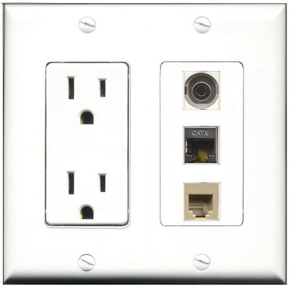 RiteAV - 15 Amp Power Outlet 1 Port Phone Beige 1 Port Shielded Cat6 Ethernet Ethernet 1 Port 3.5mm Decorative Wall Plate