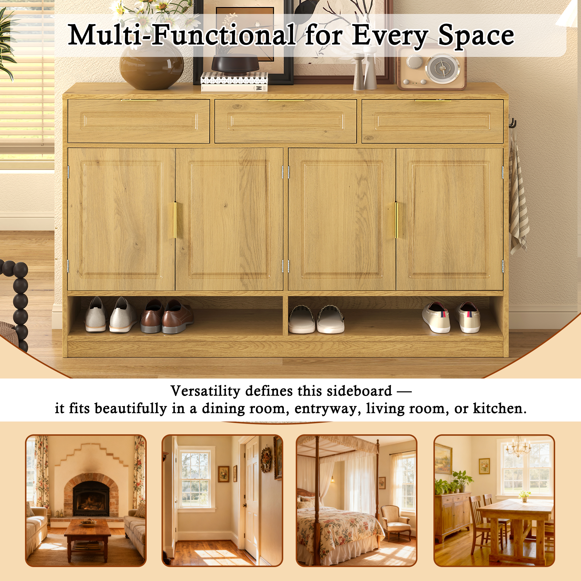 Aukfa 59.1" Sideboard Buffet Cabinet,Large Storage Cabinet with 3 Drawers & Adjustable Shelf,Natural