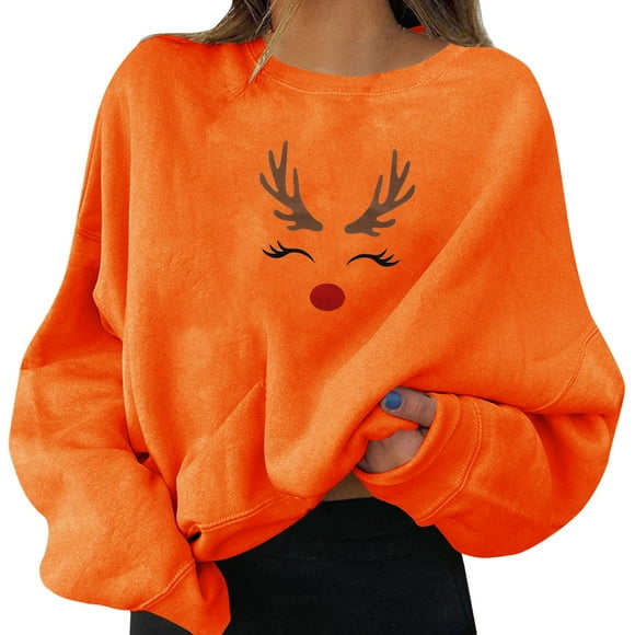LUOGENLI Sweatshirt for Women Hoodies Christmas Women's Holiday Party Pullovers Graphic Print Crew Neck Long Sleeve Sweatshirts Gifts Shirt Tops Womens Sweatshirt Oversized Pink Orange Size XXL