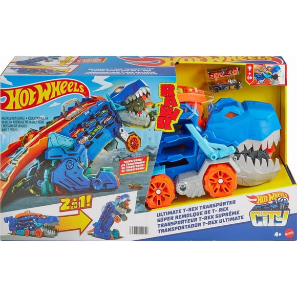 Hot Wheels City Ultimate Hauler, Transforms into a T-Rex with Race Track, Stores 20+ Cars