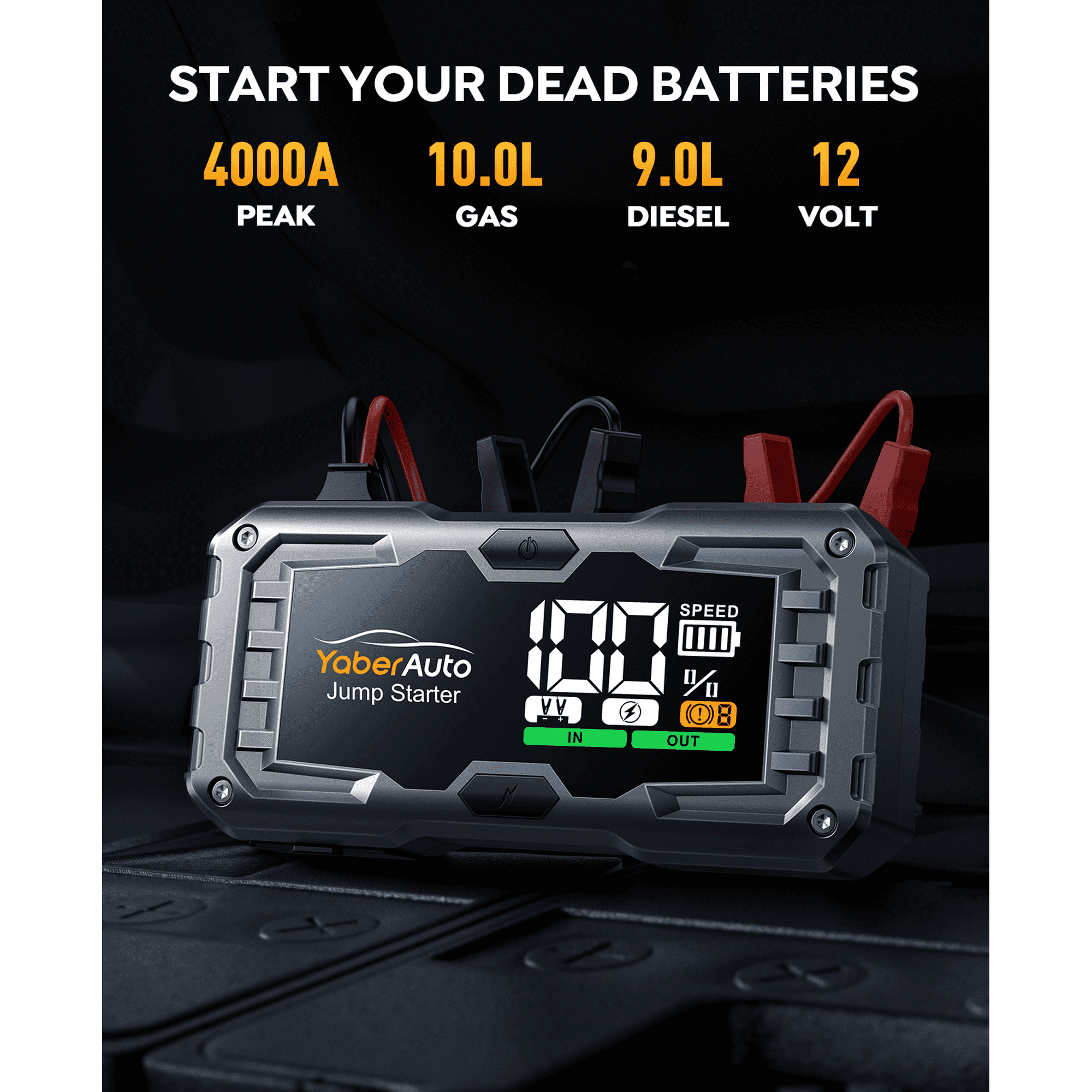YaberAuto 4000A Car Battery Jump Starter, 12V Jump Box Battery Booster for 10.0L Gas & 9L Diesel, Fast Charge, 160W DC Output
