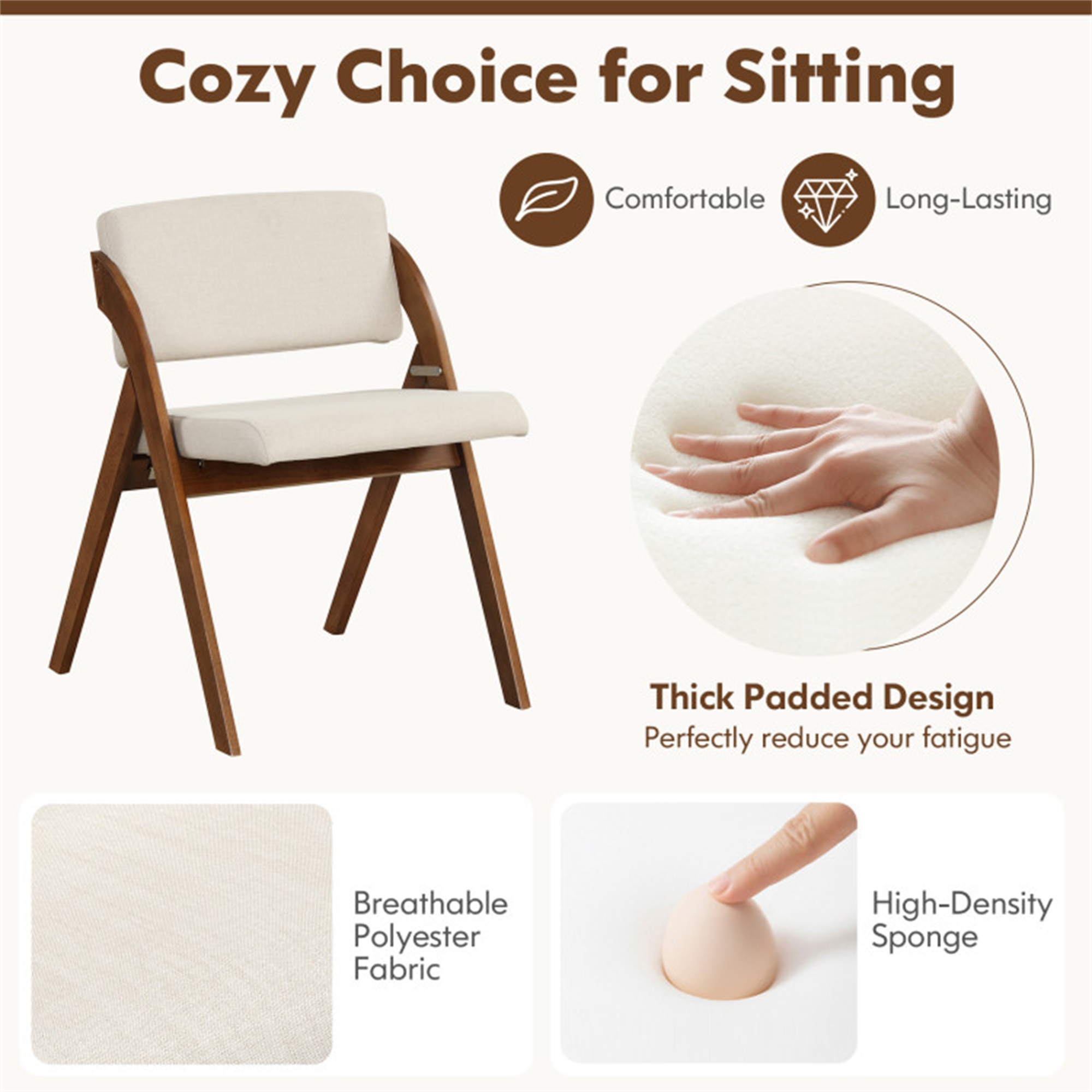 Demi Bonn Set of 2 Folding Kitchen Dining Chairs with Rubber Wood Legs and Backrest, Brown