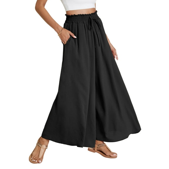 Airmenty Palazzo Pants For Women Casual Wide Leg Pants High Waist Pants Lounge Beach Trousers with Pocket Black 1-Pack