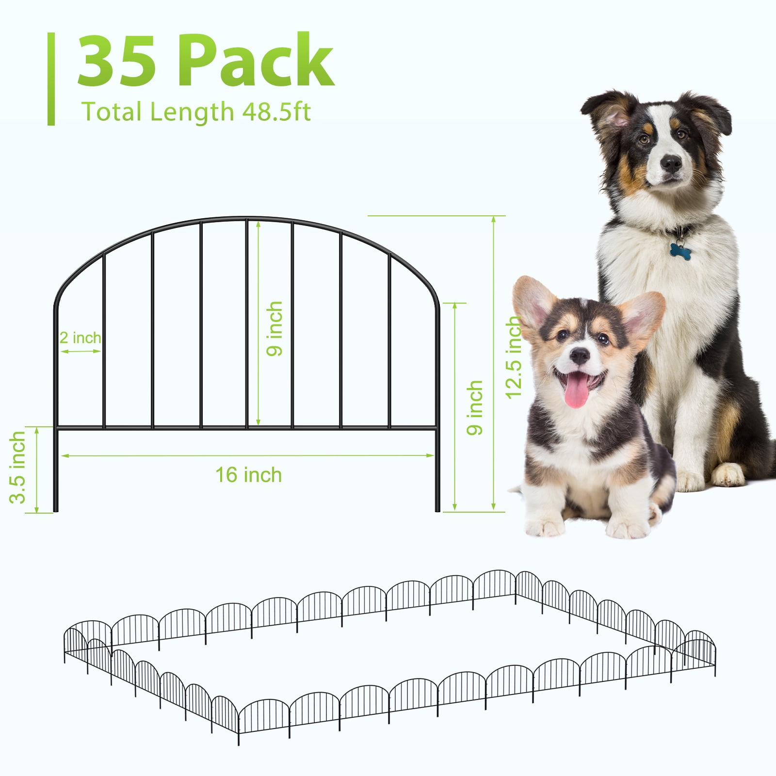 35-Pack Arched Bar Decorative Garden Fence 48.5FT Total Length, 18in×16in Black Metal Dog Animal Barrier for Yard Patio Flower Bed