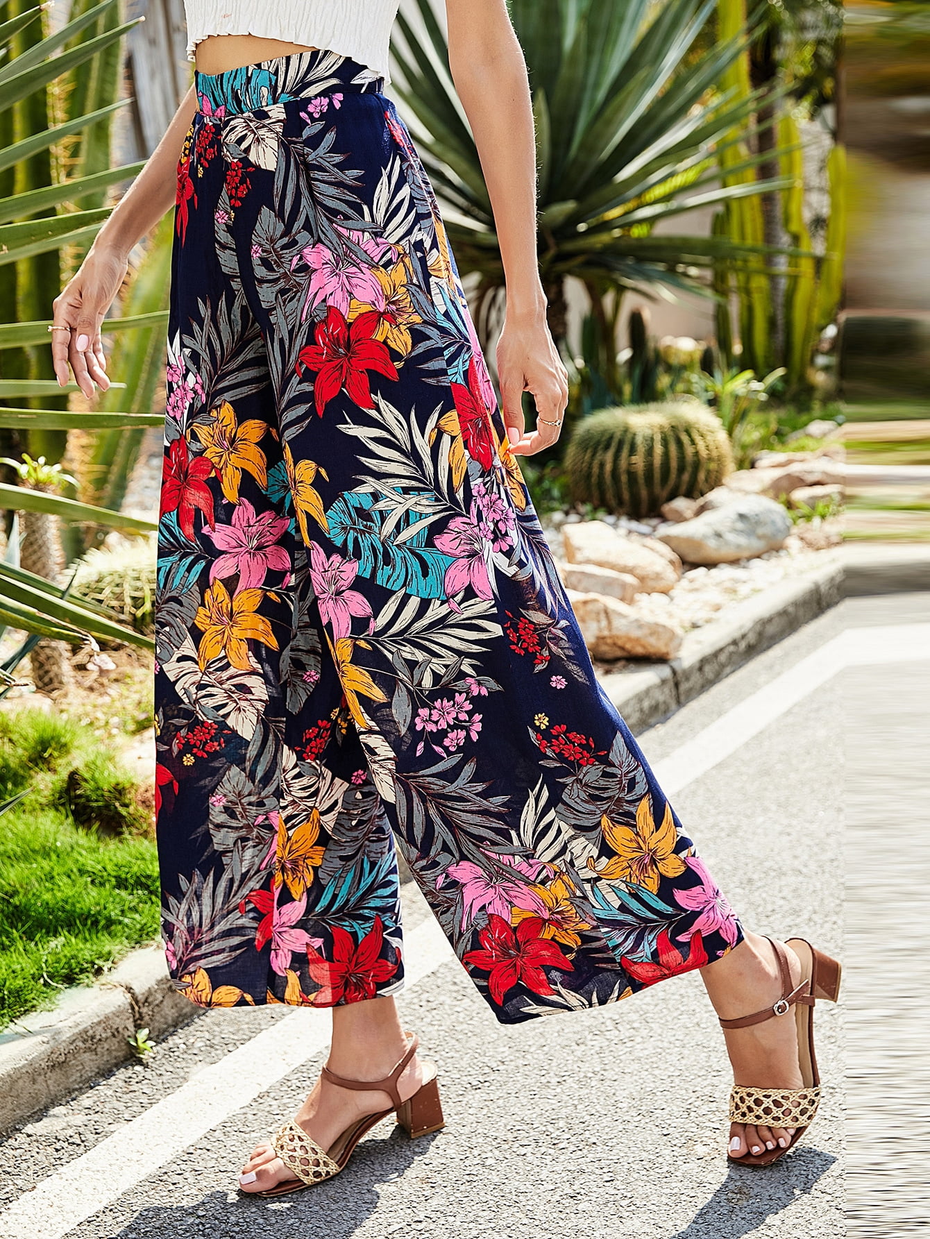 Women's Tropical Print Wide Leg Pants 