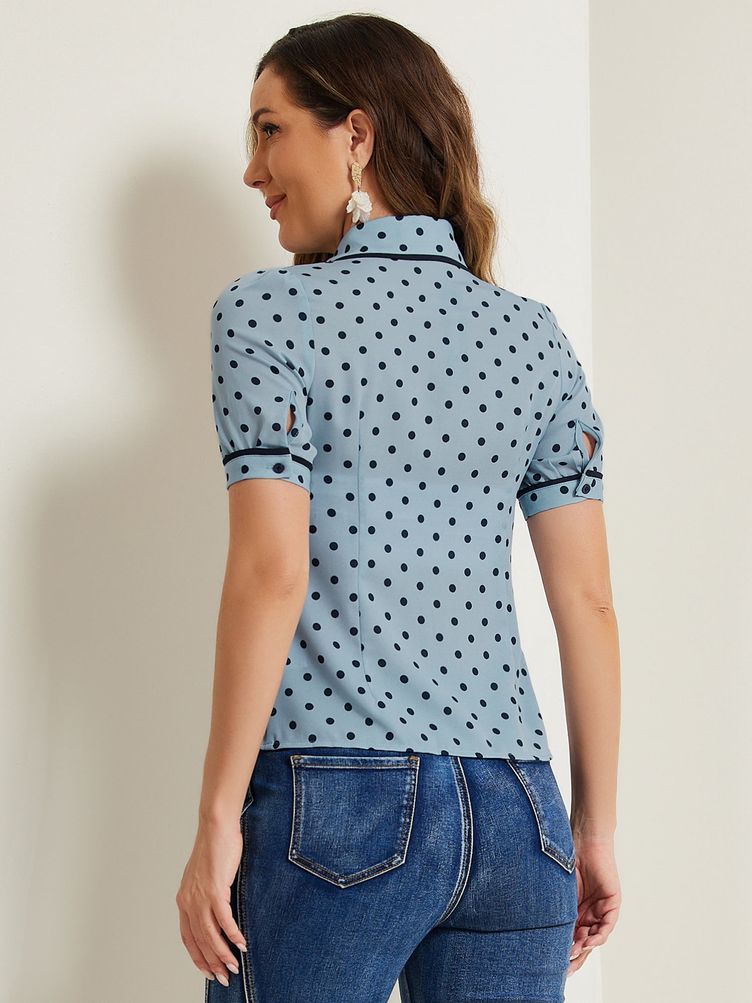 DARING DIVA Women's Peter Pan Collar Puff Sleeve Vintage Tops XS Light Blue