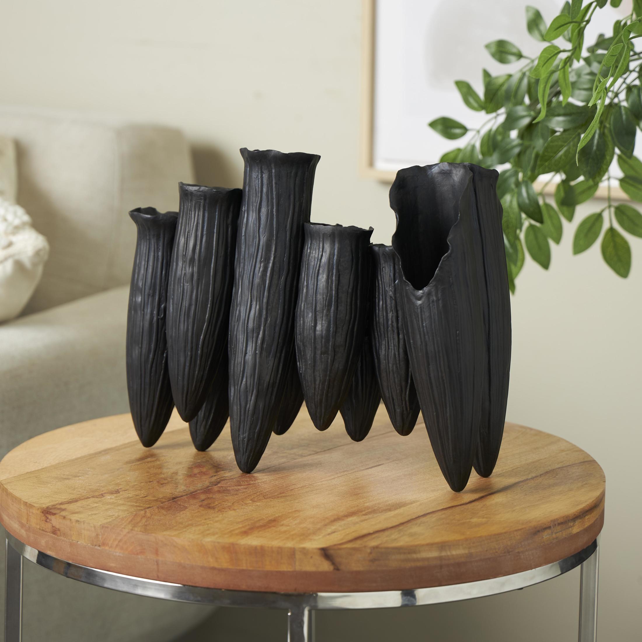 DecMode 11" Abstract Floral Inspired Black Ceramic Vase with Linear Grooves and 10 Openings