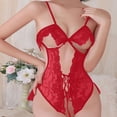 thumbnail image 2 of JSGEK Women Floral Lace Cutout Bodysuit Front Tie Up Strappy Lingerie for Special Date Night Red L, 2 of 4