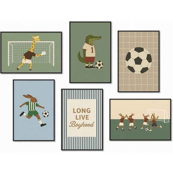 Soccer Posters, Nursery Animal Sports Posters, Long Live Boyhood Inspirational Quote Print, Football Athletes Giraffe Rabbit Crocodile Pictures, Boys Bedroom Sports Artwork 8x12in Unframed