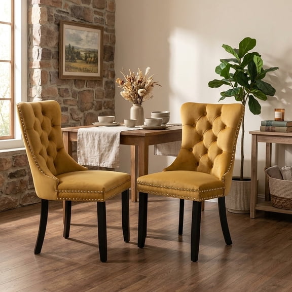 FFZ 37.4"Tall Nikki Collection Tufted Velvet Dining Chair Set of 2 with Nailhead Trim, Gold