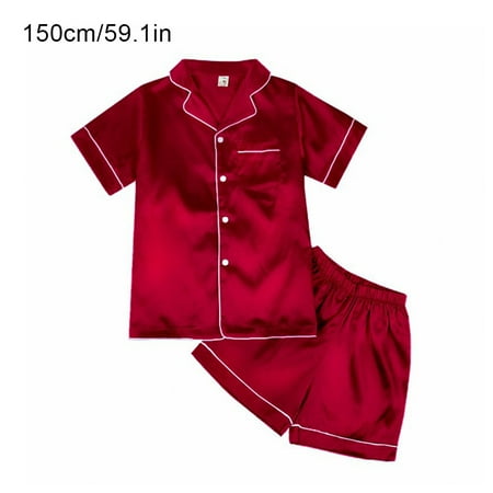 

TureClos Kids Sleepwear Outfit Silky Short Sleeve T-shirt Shorts Nightgown Red 150cm