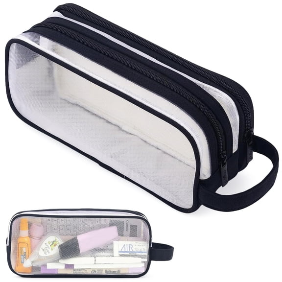 Rirool Mesh Pencil Case Large Capacity, Clear 2 Compartment Pencil Pouch with Zipper, Big Pen Organizer for School Supplies, Travel Makeup Bag for Girls Teens Adults Black
