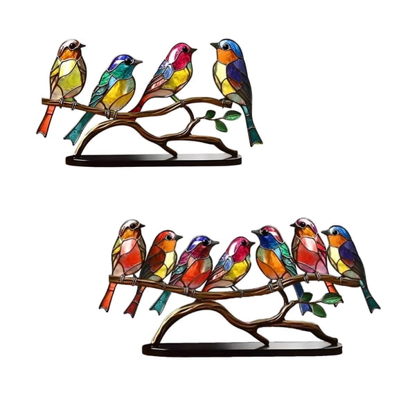 Stained Glass Birds Decor – Metal Bird Branch Ornament | Colorful Tabletop Figurine, Nature-Inspired Art, Copper Craft, Sturdy Base | Multicolor | 8 in