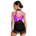 thumbnail image 2 of Doomiva Girls Sparkly Latin Dance Dress Sequin Sleeveless Fringe Tassel Color Block Cha Cha Jazz Dance Dress for Performance Purple 16, 2 of 7