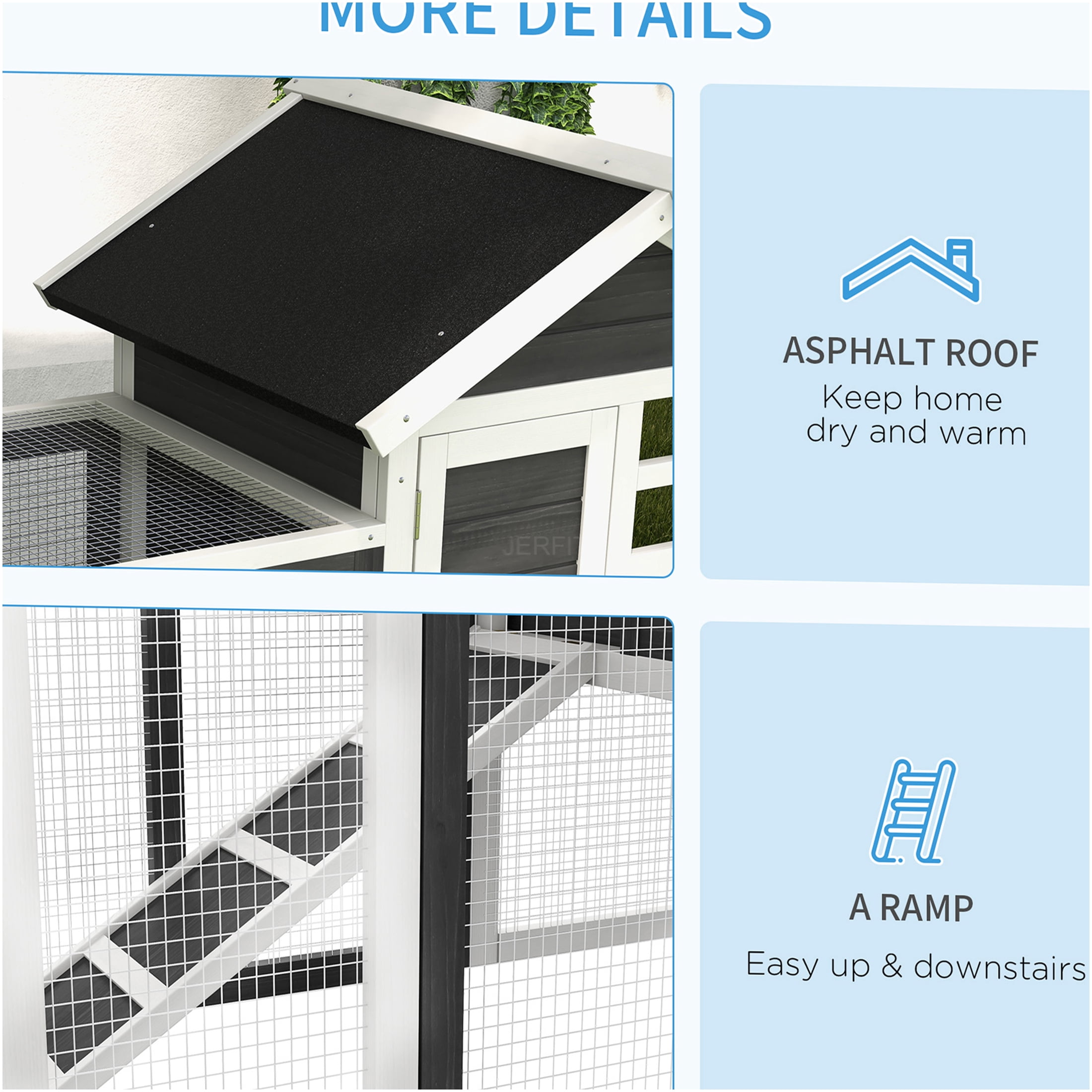 JERFIT 48 Inch Outdoor Rabbit Hutch with Waterproof Roof, Removable Tray & Ramp, Bunny Cage with Open Play Area, Grey and White