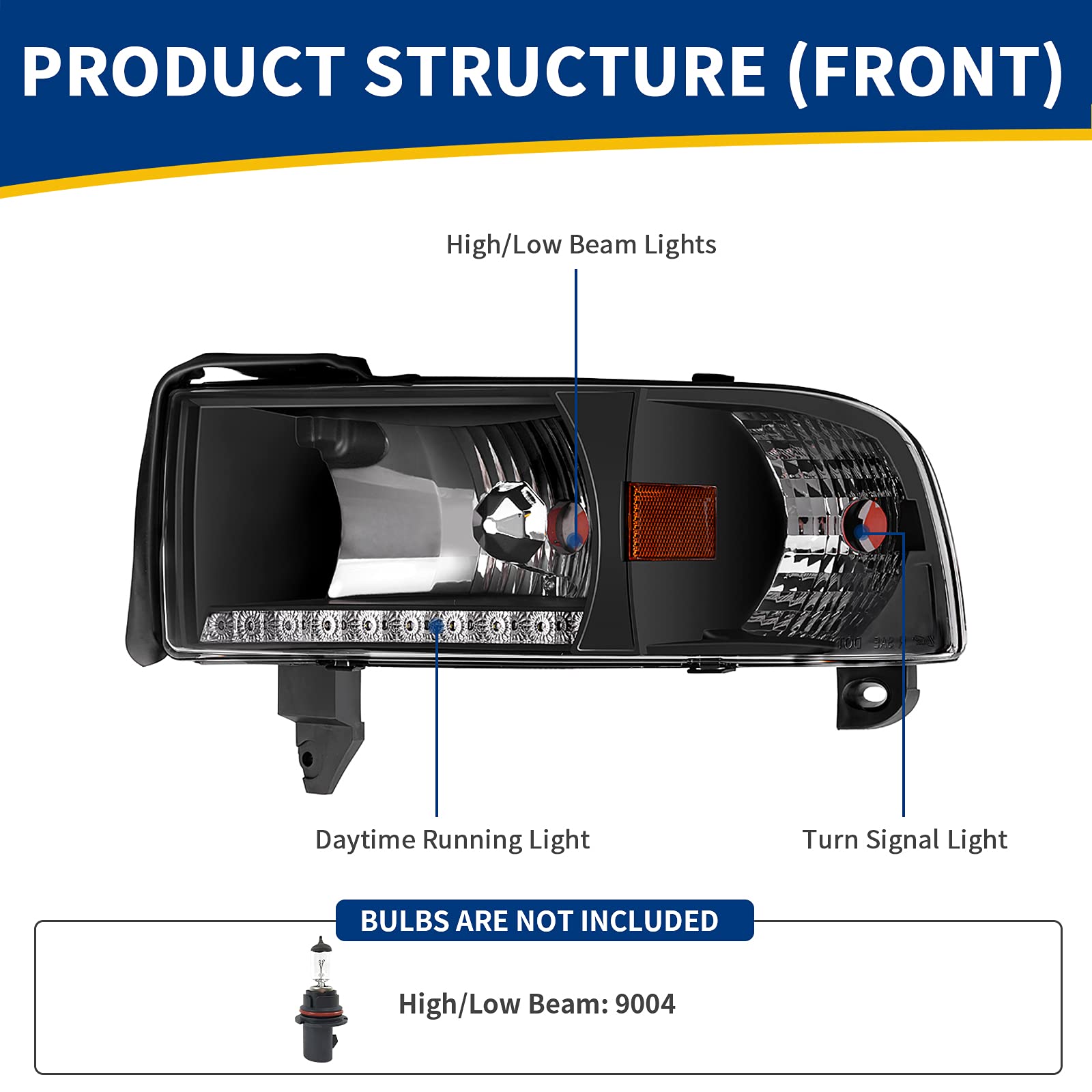 RVNI LED DRL Headlights for 1994-2002 Dodge Ram 1500 2500 3500 Replacement Headlamps