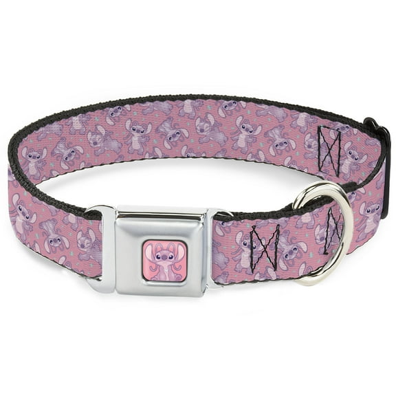 Disney Pet Collar, Dog Collar Metal Seatbelt Buckle, Lilo and Stitch Angel Poses Scattered Pinks, 9.5 to 13 Inches 1.0 Inch Wide