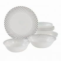 Ultra by Gibson 138949.12 Cane Peak Opal Glass Dinnerware Set with Grey Accents, White - 12 Piece