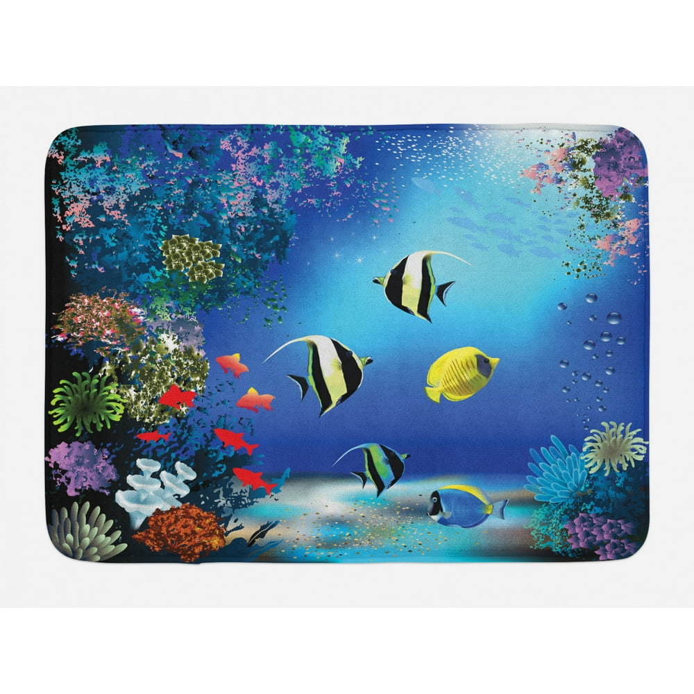 Underwater Bath Mat, Tropical Undersea with Colorful Fishes Swimming in ...