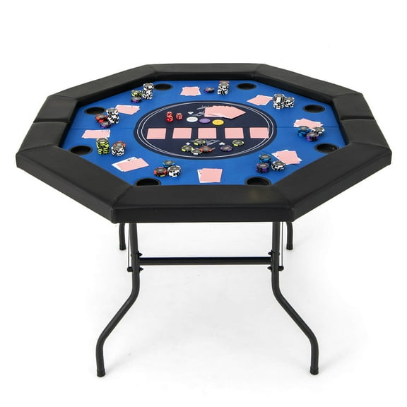 Costway 48" Foldable Poker Table for 8 Players Portable Blackjack Texas Hold’em Table Blue