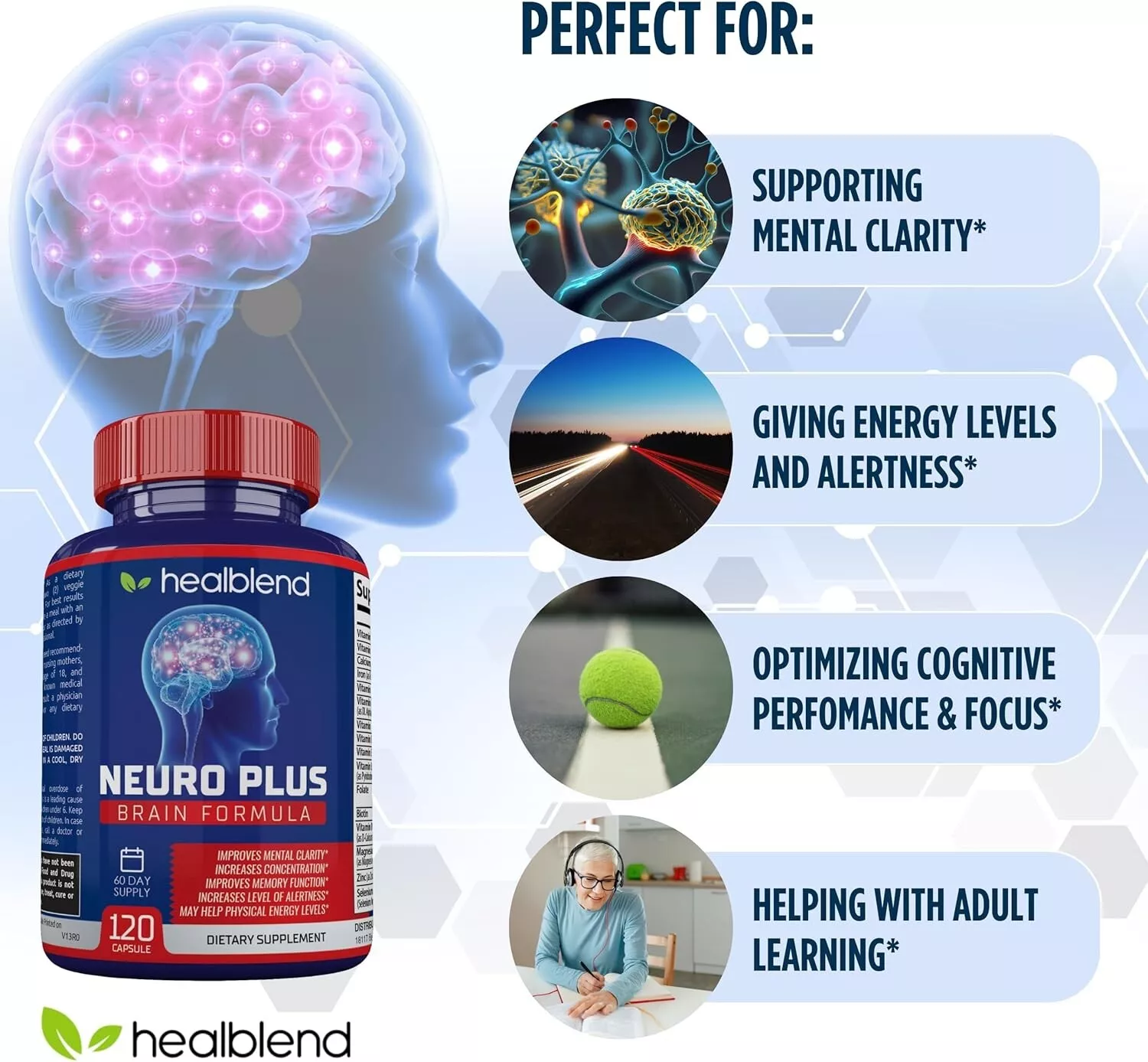 Healblend Neuro Plus Brain Booster Supplements - Brain & Focus Formula, Supports Memory, Concentration & Mental Clarity - 3-Pack