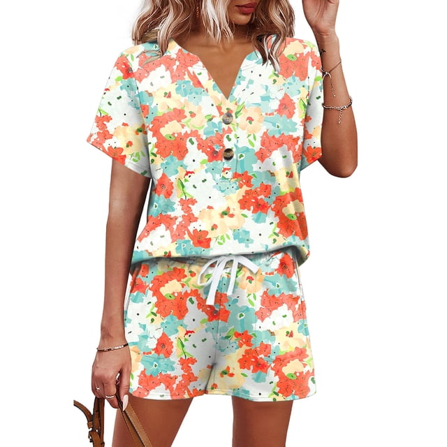 Conjunto de pantalones cortos AKEWEI de 2 piezas para mujer con cuello en V y pantalones cortos de verano