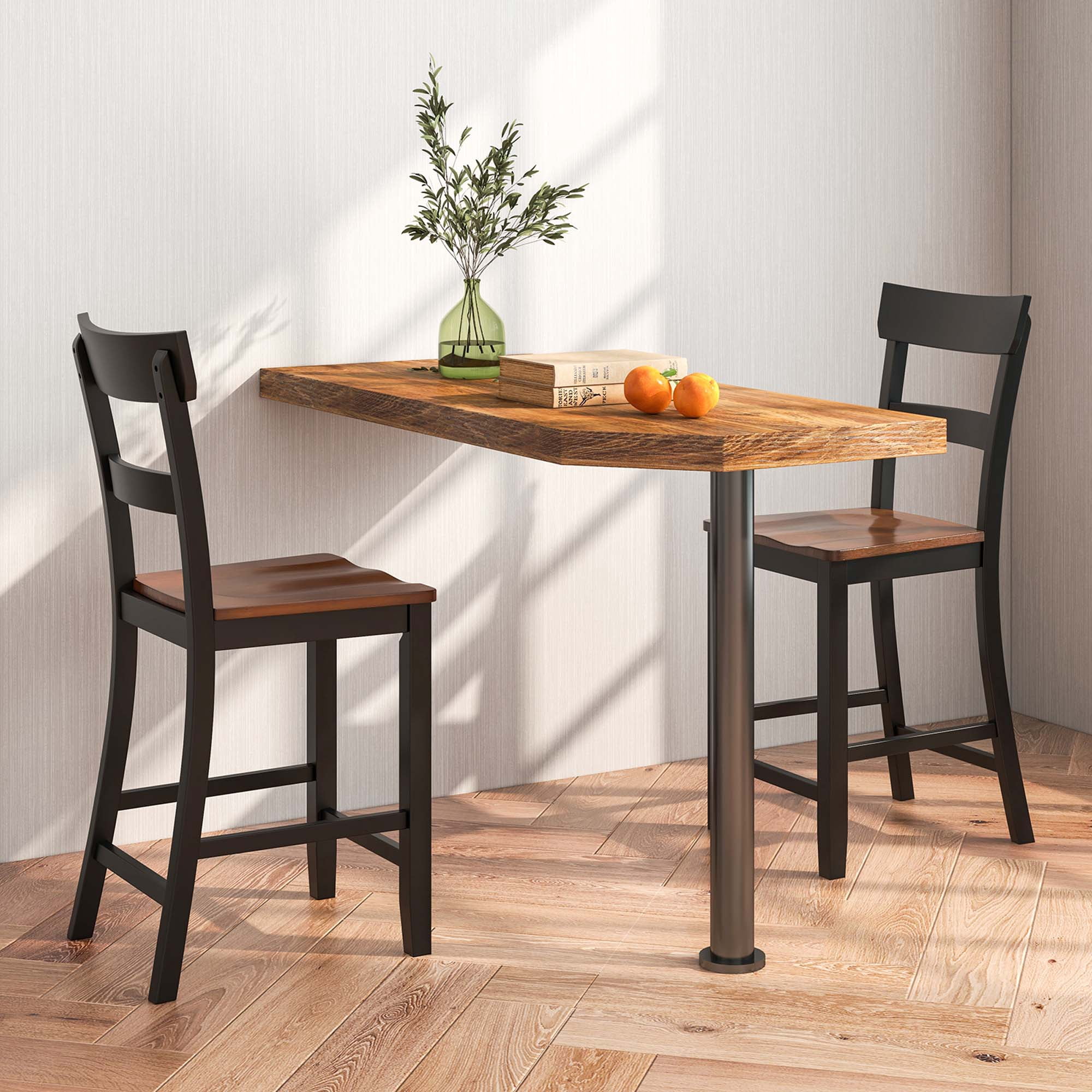 Costway Wooden Bar Stool Set of 2 Bar Chairs with LVL Rubber Wood Frame, Backrest, Footrest Black