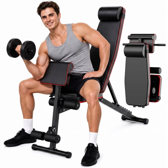 7 Positions Adjustable Weight Bench with Leg Extension & Preacher Curl, Foldable Multifunctional Workout Bench for Full Body Strength Training Home Gym 770LBS