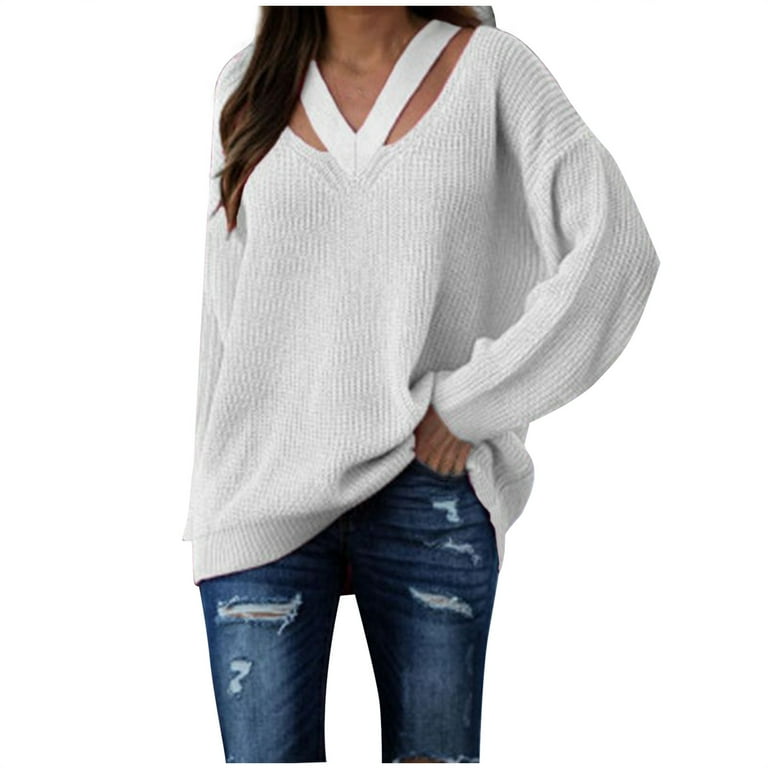 Ernkv Fall Sweater for Girlfriend Fashion Women Choker Neck Casual Long Sleeve Autumn Sweater Blouse Pullver Tops White XL