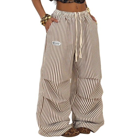 Women's Striped High Waist Drawstring Wide Leg Cargo Pants Casual Trousers with Pockets Brown S