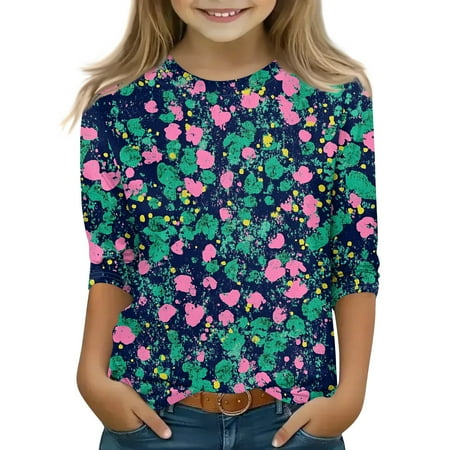 Iaqnaocc Shirts for Child Girls Size 7 3/4 Length Sleeve Cute Floral Print T-Shirts Girls Clothes Fashion Crew Neck Blouses Basic Casual Gifts for Teen Girls Navy 7-8 Years