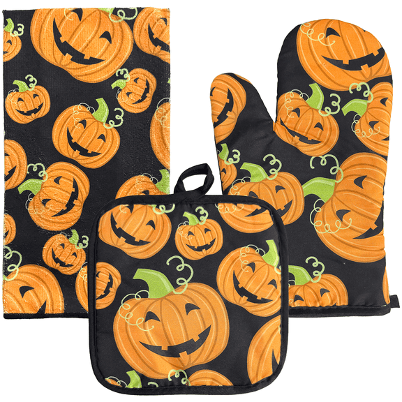 Halloween Kitchen Textiles, 3 Piece Set, Oven Mitt, Pot Holders & Dish Towel, High Heat Resistant Extra Thick Kitchen Cotton Oven Glove for Cooking (Orange)