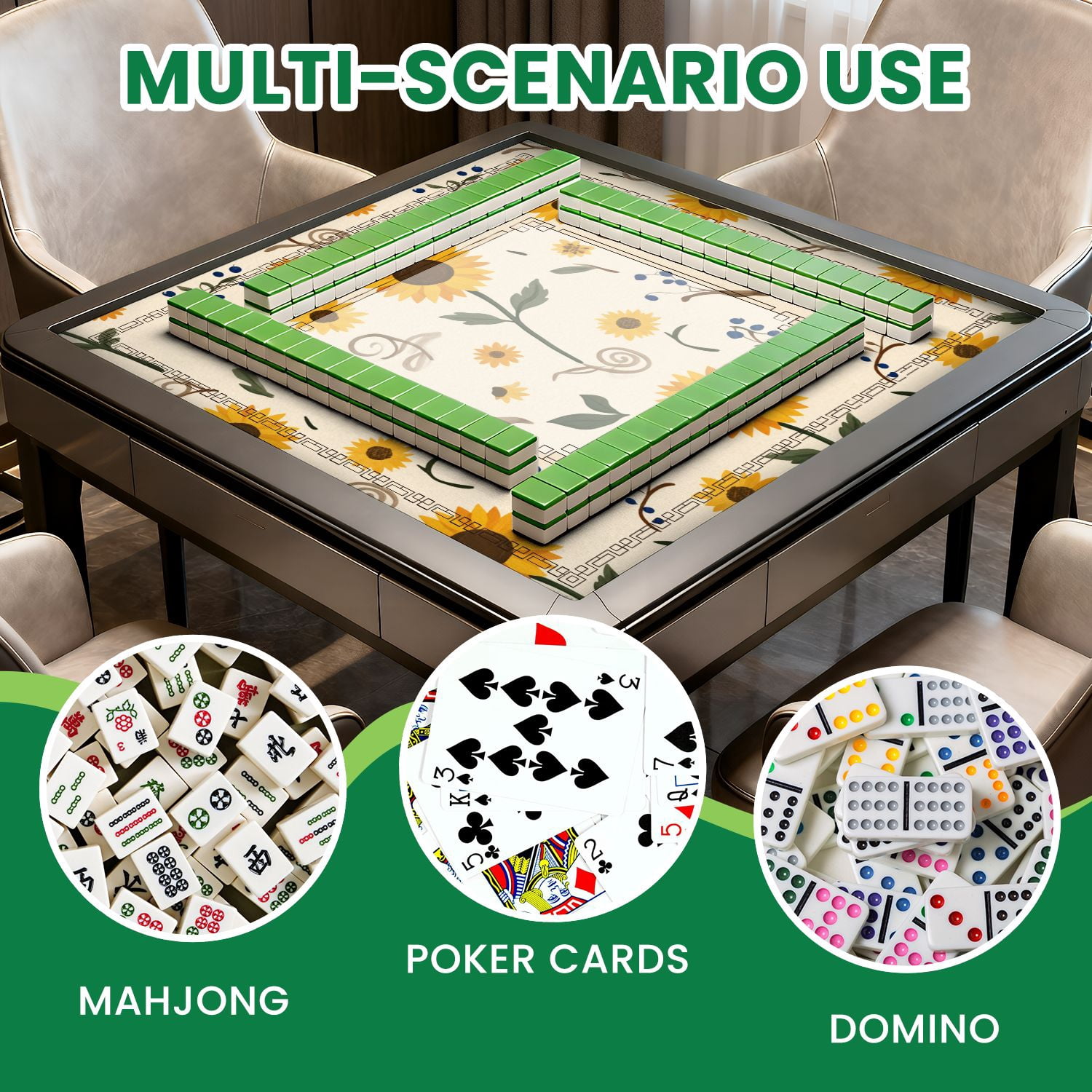 Mahjong Mat 31.5" x 31.5" Seamless Sunflowers Yellow Petals Green Leaves Beige Non-Slip Noise Reduction American Mahjong Tiles Table Cover for Dominoes Poker Card Board Games Gift
