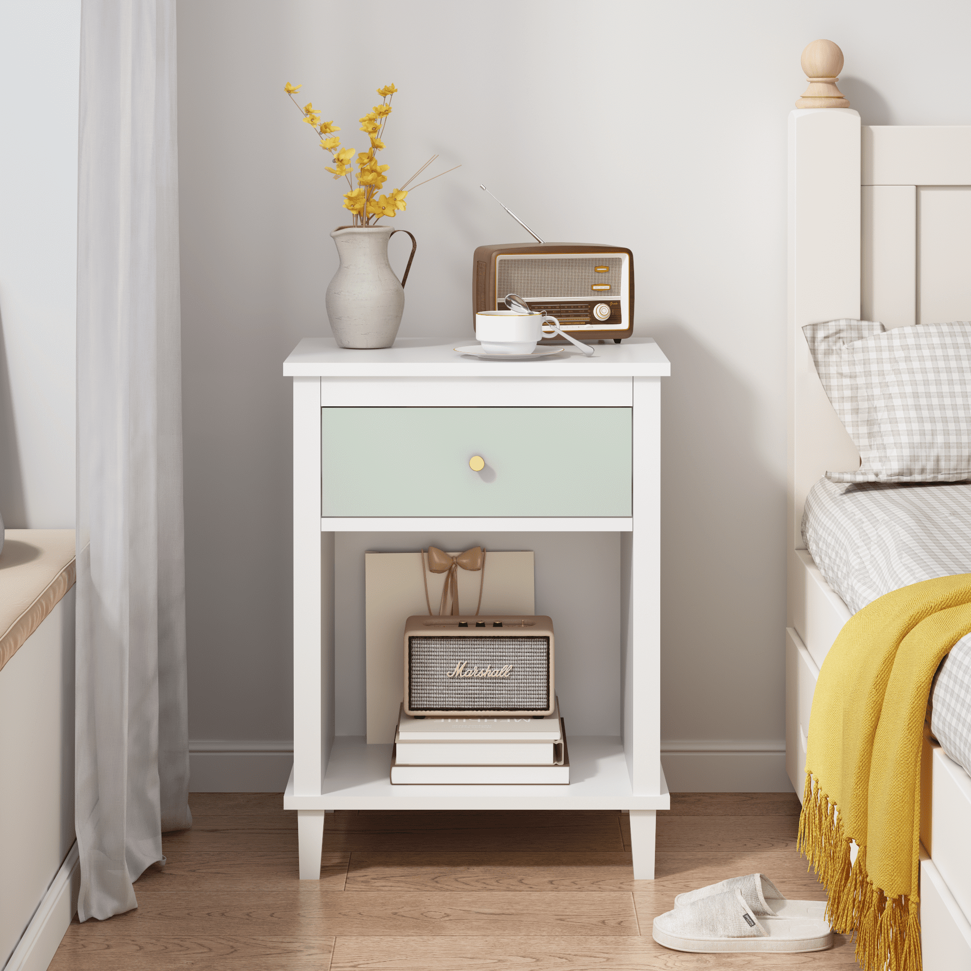 Wooden Nightstand with One Drawer & One Shelf for Kids,Adults,26.77''H,Green