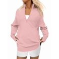 thumbnail image 2 of Women'S Long Sleeve Quarter Zip Pullover Sweater Casual Loose V Neck Collared Ribbed Knit Tops Pink M, 2 of 7