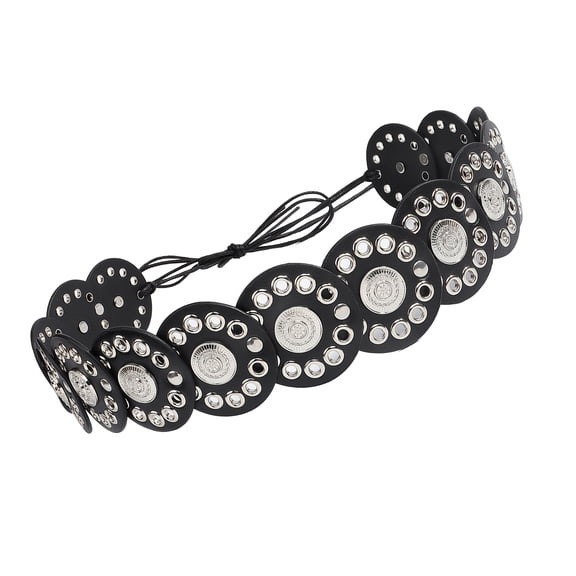 Bohemian Wide PU Leather Disk Waist Belt for Women Adjustable Western Waistband with Large Eyelets for Evening Party