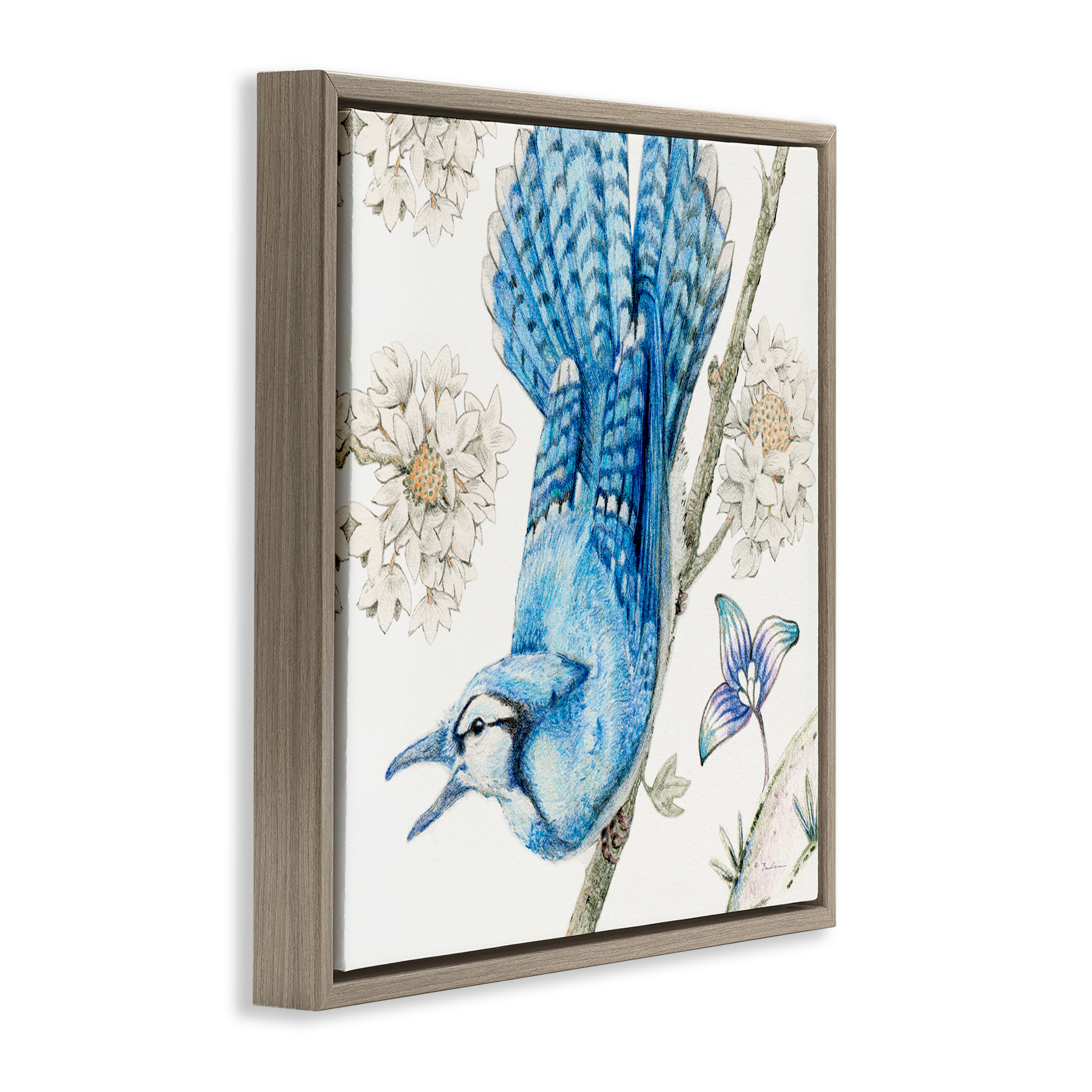 Stupell Industries Blue Jay Perched Florals Animals Painting Brown Floater Framed Canvas Art Print Wall Art, 25 x 25