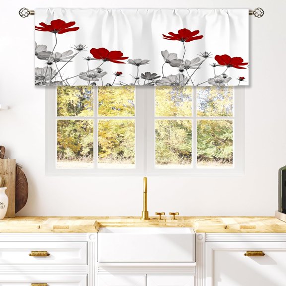 Red Grey Flower Curtain Valance for Window Treatments Christmas Daisy Flora Kitchen Treatment Botanical Wildflower Plant Window Drapes for Bathroom Bedroom Living Room 1 panel (52x18 Inch)