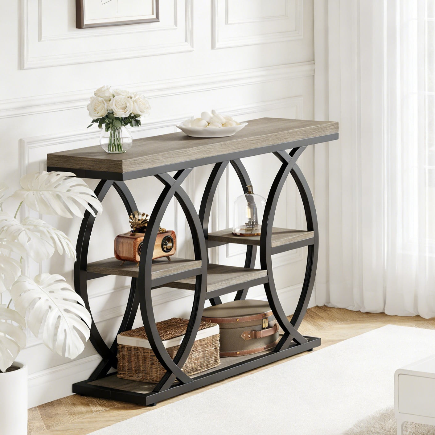 Fnova 39.4" Industrial Console Table, 4-Tier Retro Staggered Storage Shelves, Narrow Wood Accent Table with Metal Frame, for Small Spaces, Entryway, Sofa, Hallway