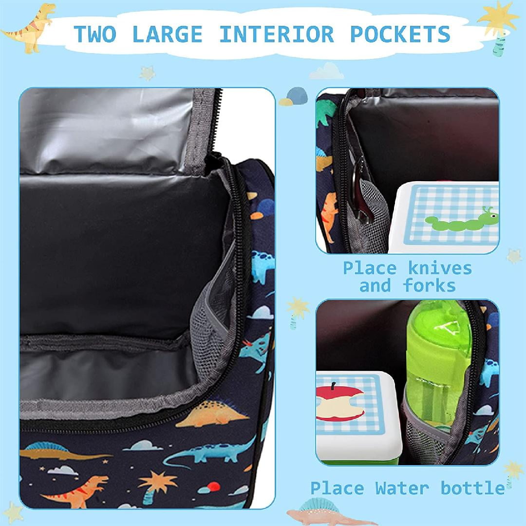 IvyH Kids Lunch Bag Insulated Reusable Lunch Box,Large Thermal Meal Tote  Kit Bag Soft Leakproof Cooler Lunchbox 3 Compartments with Water Bottle  Holder,Blue Dinosaur 